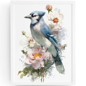 Watercolor Floral Blue Jay Bird Wall Art Illustration Print Poster Unframed